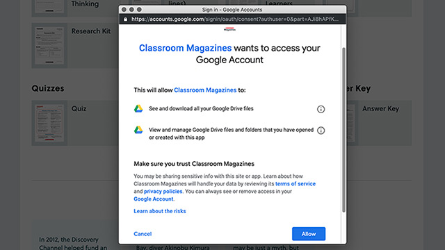 Giving Classroom Magazines access to Google account.