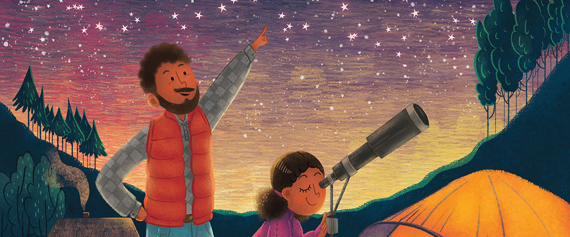 Illustration of a girl looking through a telescope while her father points at the sky