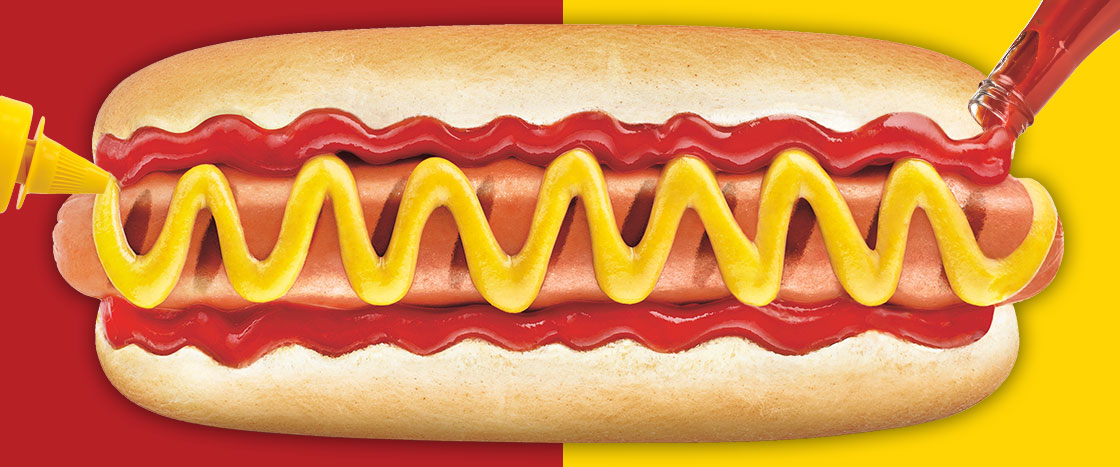 A hot dog with ketchup and mustard