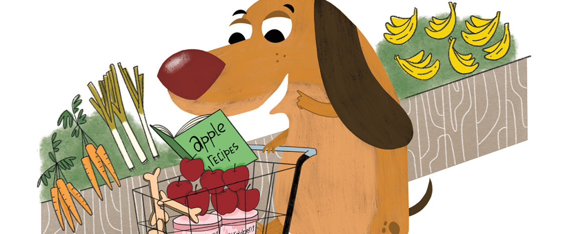 Illustration of a dog going grocery shopping while reading a recipe book