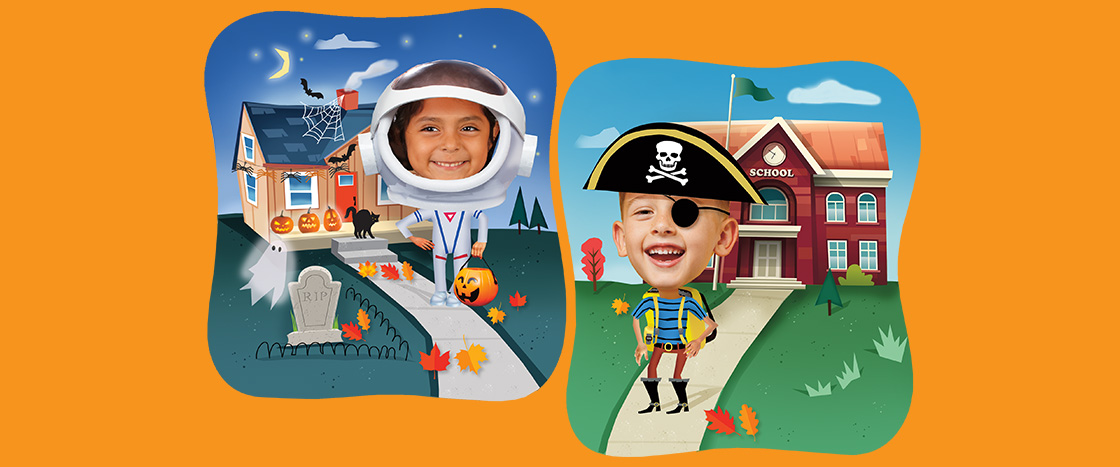 Illustration of a kid dressed up as an astronaut and another kid as a pirate