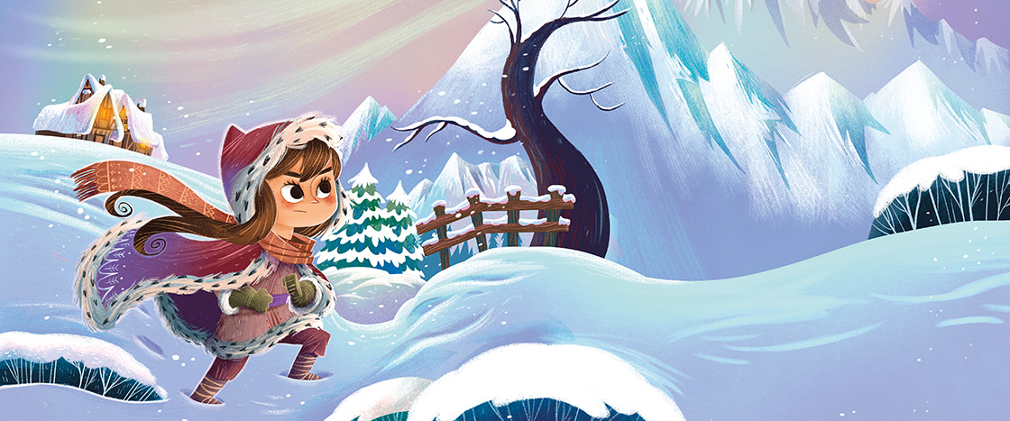 Illustration of a girl traveling through a snowy landscape