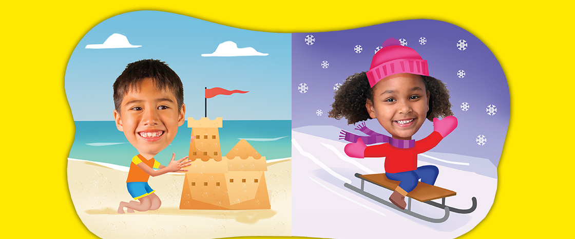 Image of a kid building sandcastle and another sledding in the snow