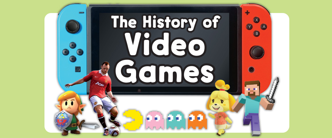 Image of a Nintendo Switch with text, "The History of Video Games"