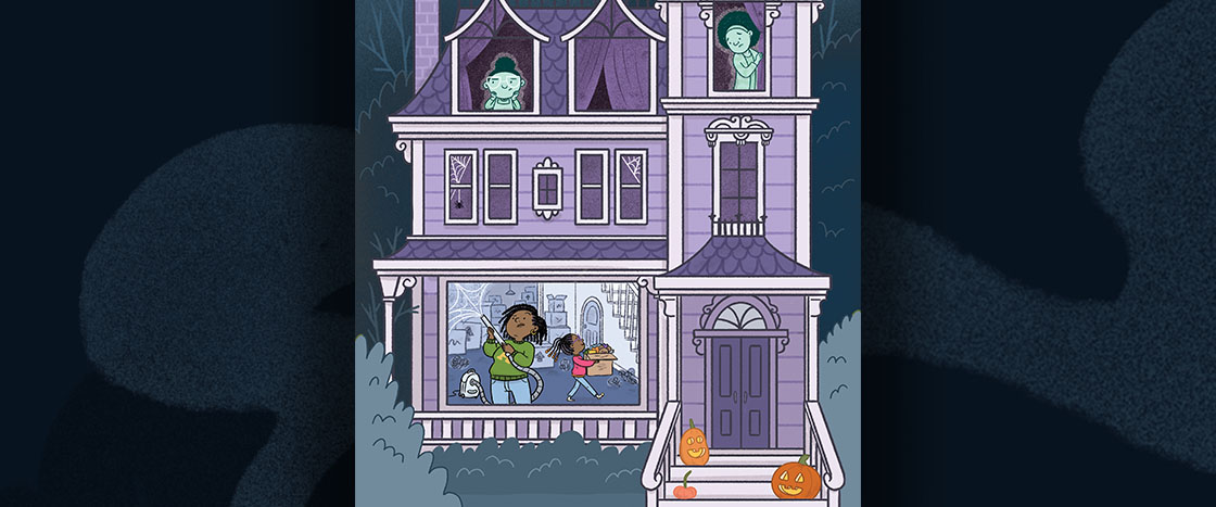 Illustration of two students cleaning a house haunted by ghosts