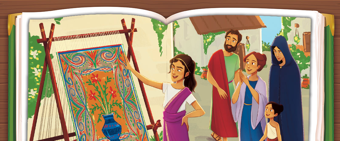 llustration of a person weaving an image in ancient times