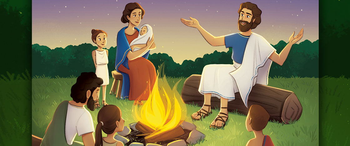 llustration of Moses sitting with his family by the campfire